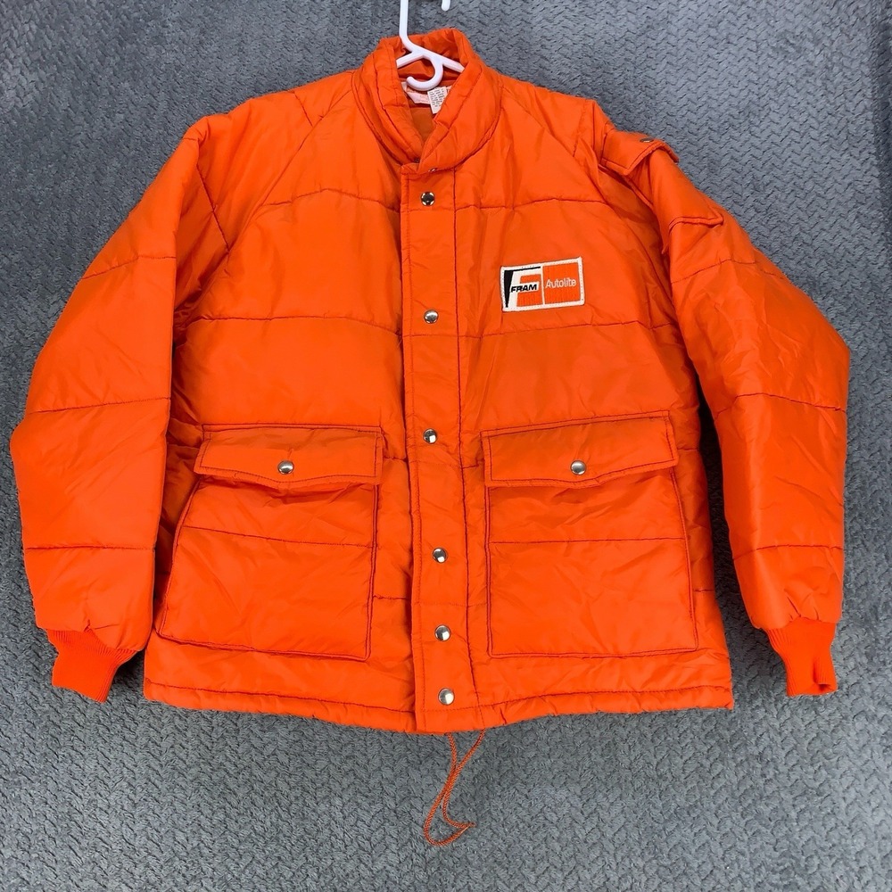 Vintage Fram Autolite Jacket Men's Large Orange Full Zip Snap Puffer Mechanic's